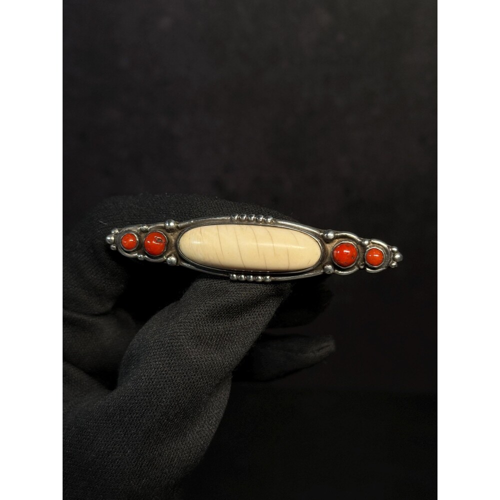 Native American Sterling White Buffalo Turquoise Coral Bar Brooch 12.2g